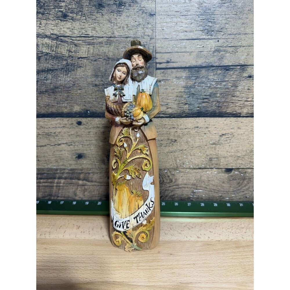 Vintage Thanksgiving Harvest Pilgrim Couple "Give Thanks"  Tall Solid Collect